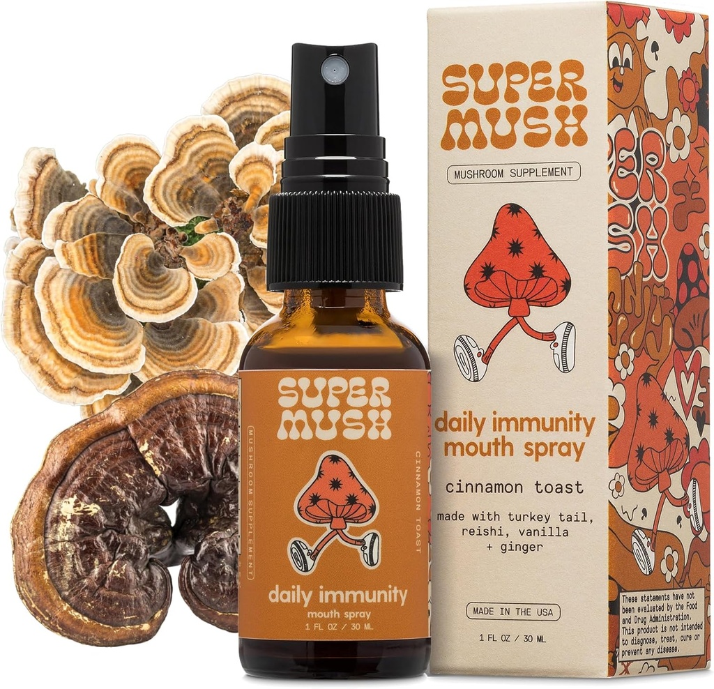 SuperMush Daily Immunity Mouth Spray Organic - Mushroom Immunity Spray Supplements - Turchia Tail & Reishi Mixed Mushrooms Extract - Immune & Digestive Health Support - 30ml Pure & Organic Turkey Tail