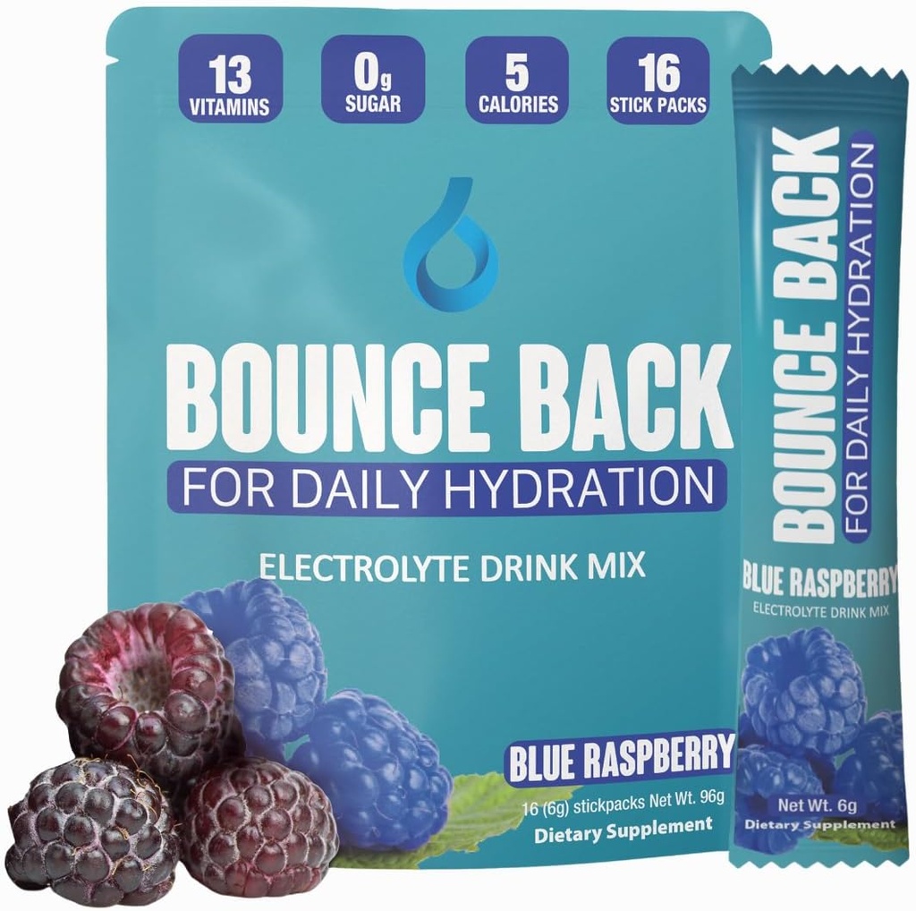 Bounce Back Daily Hydration - 13 Vitamine Essenziali, Zero Sugar Electrolyte Packets - 5 Calorie, Organic - Keto e Intermittent Friendly | 0 Carbs nette (16 Pack, Blue Raspberry)