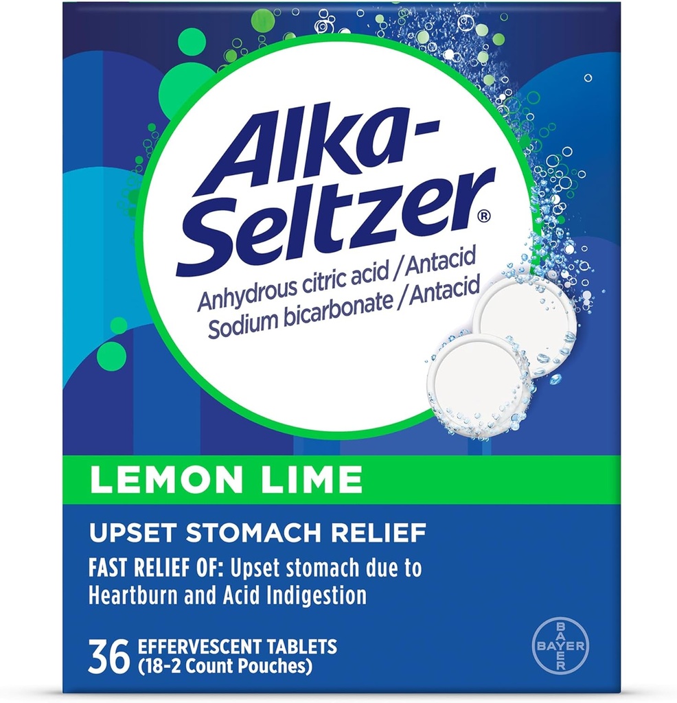 Alka-Seltzer Zitronen-Lims-Herzbrand-Relief-Tabletten, Fast acid Indigestion Relief, Antacid mit Zitronen-Lims-Flavor 36 Ct