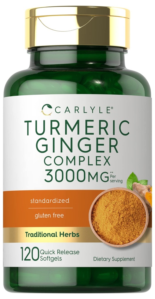 Carlyle Turmeric und Ginger Supplement 3000 mg | 120 Softgel Kapseln | Turmeric Curcumin Complex | mit schwarzem Pfeffer Extrakt | Non-GMO, Glutenfrei