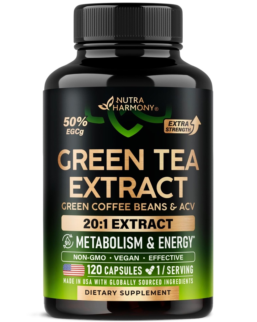 Grüner Tee Extrakt Kapseln mit grünen Kaffeebohnen & Apfel Apfel Apfelessig - Energie &amp; Stoffwechsel Unterstützung - Grüner Tee Supplement 50% EGCG - 20:1 Natürlicher Extrakt - für Männer & Frauen - 120 Vegan Kapseln