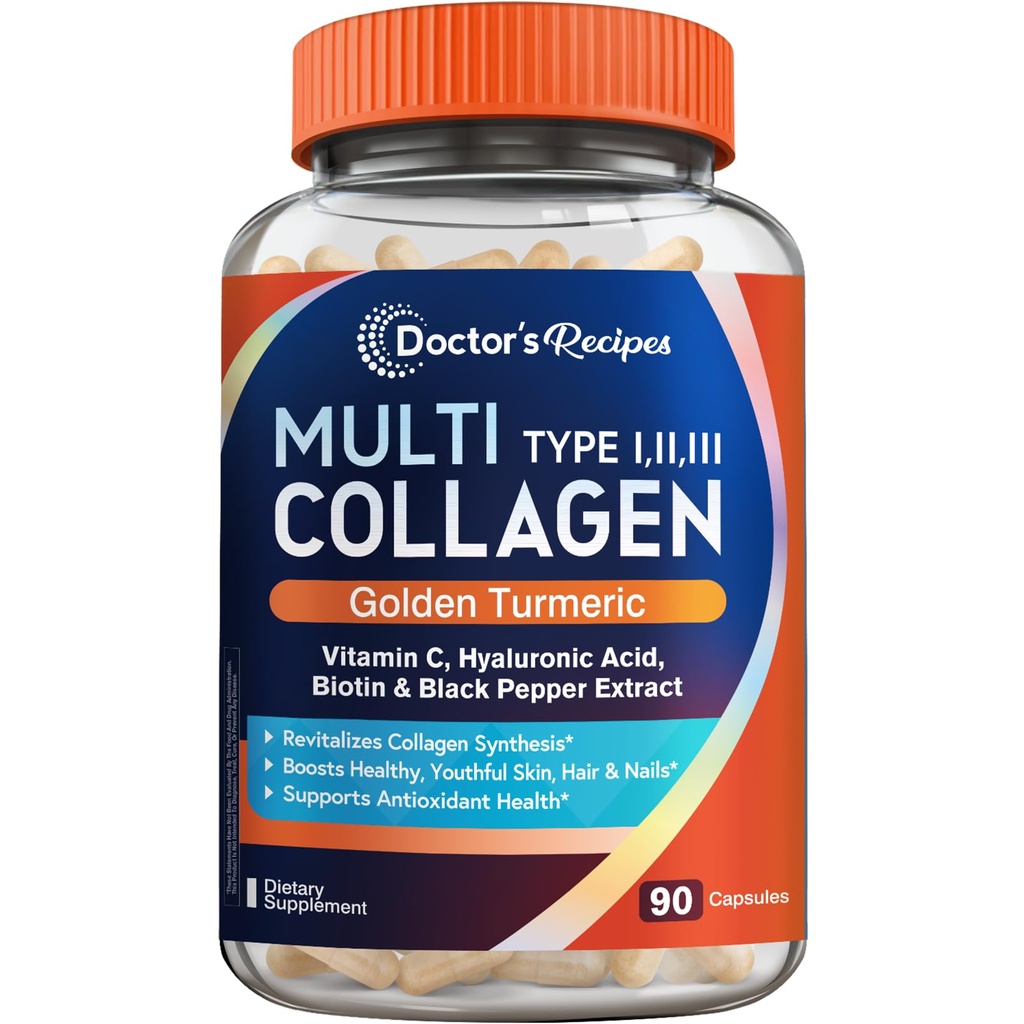 Peptidi multi collagene con curcuma dorata, vitamina C, biotina, acido ialuronico e pepe nero, integratori di collagene per pelle, capelli, chiodo, collagene per le donne e gli uomini, 90 caps