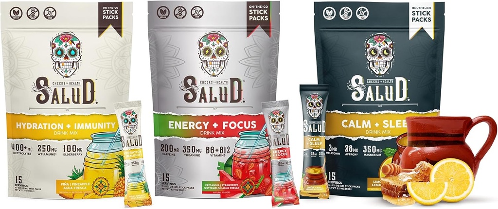 Variété de Salud 3-Pack (Hydratation 2-en-1 + Immunité (Pineapple), Énergie + Focus (Mélon d'Eau) & Calme + Sommeil (Miel Lemon) – 15 portions chacune, non-OGM, sans gluten, faible teneur en calories, 1g de sucre