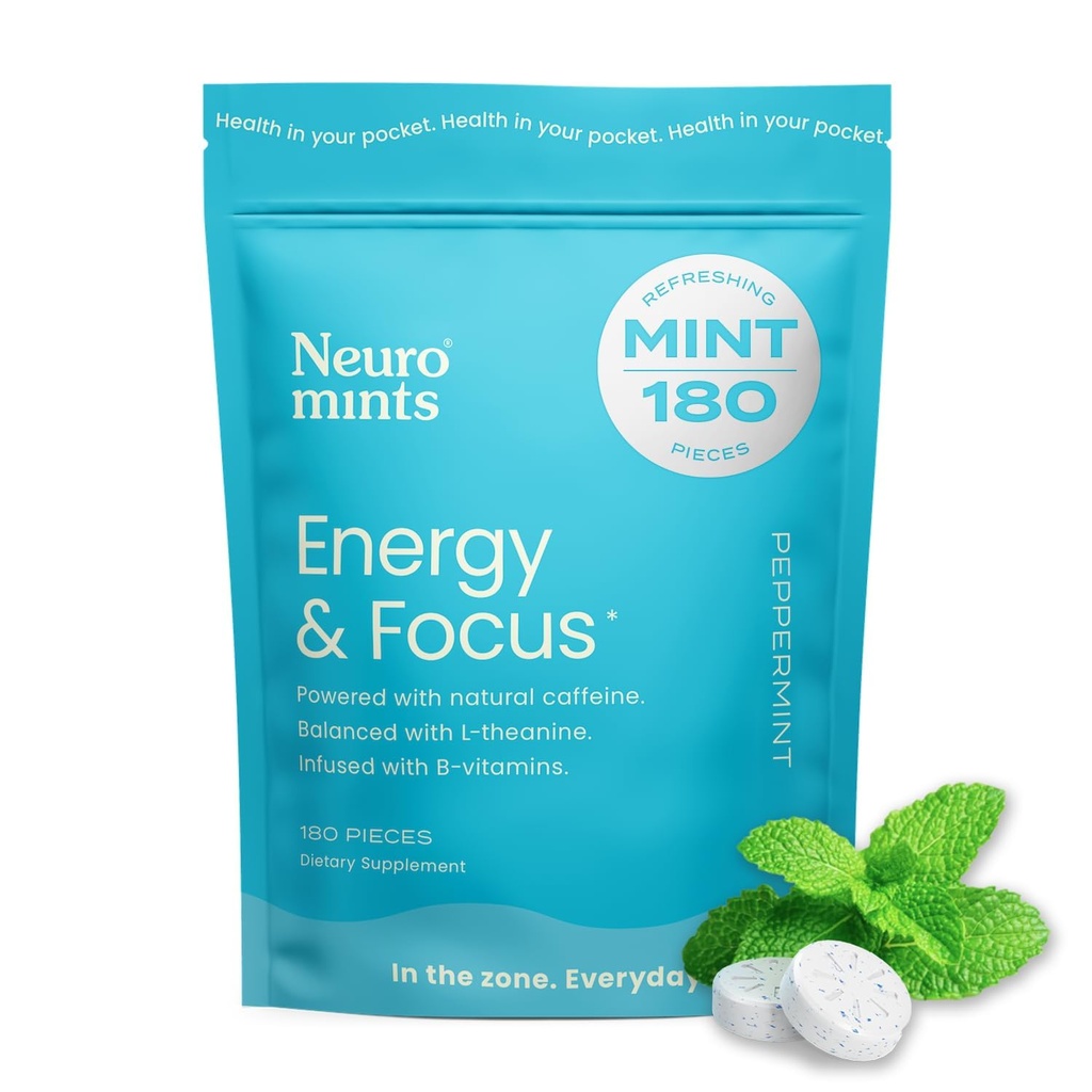 NeuroGum Energy Caffeine Mints (180 Pezzi) - Zucchero Libero con L-teanina + Caffeina naturale + Vitamina B12 & B6 - Nootropic Energy & Focus Supplemento per Donne & Uomini - Keto & Vegan, Peppermint Flavor