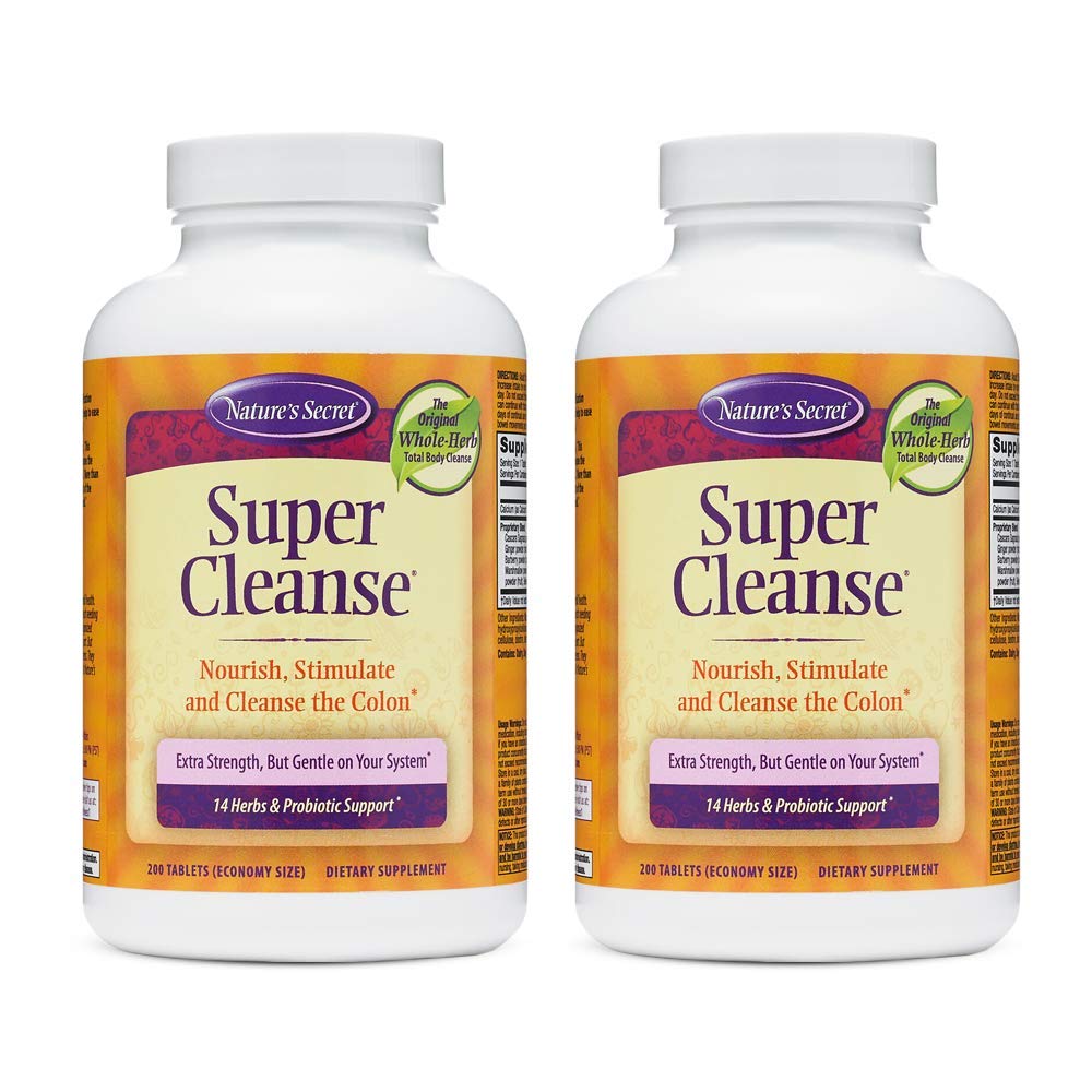Natura Segreto Super Cleanse Extra Strength Toxin Detox & Gentle Eliminazione Corpo Cleanse, Digestivo & Colon Health Support - Stimolante Miscela di 14 Erbe con Probiotici - 200 compresse (Pack of 2)