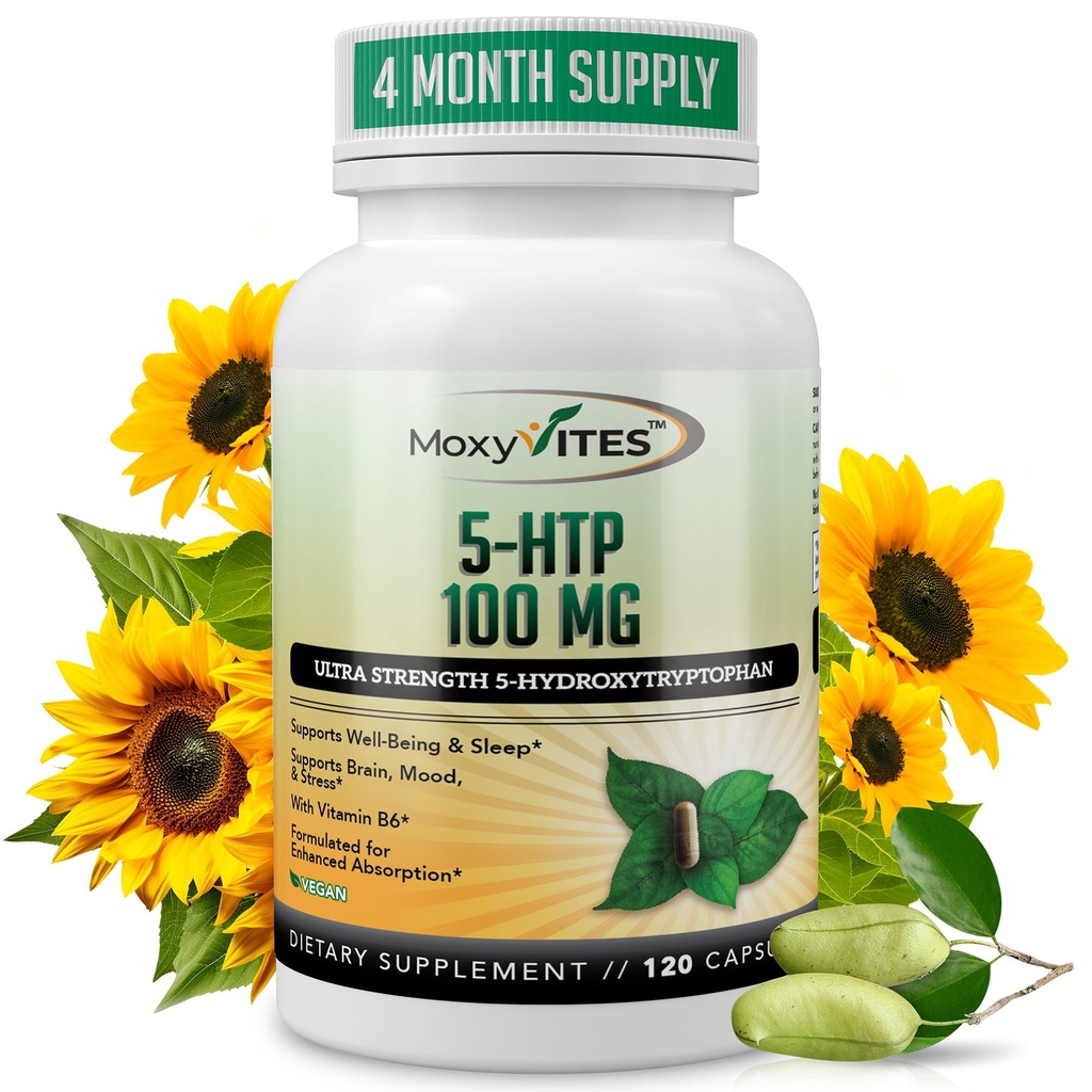 MoxyVites 5HTP 100mg Supplement, Plus B6, 5 HTP Bio Ganzes Essen - Beste Serotonin Booster - Non-GMO, 120 Vegan Kapseln