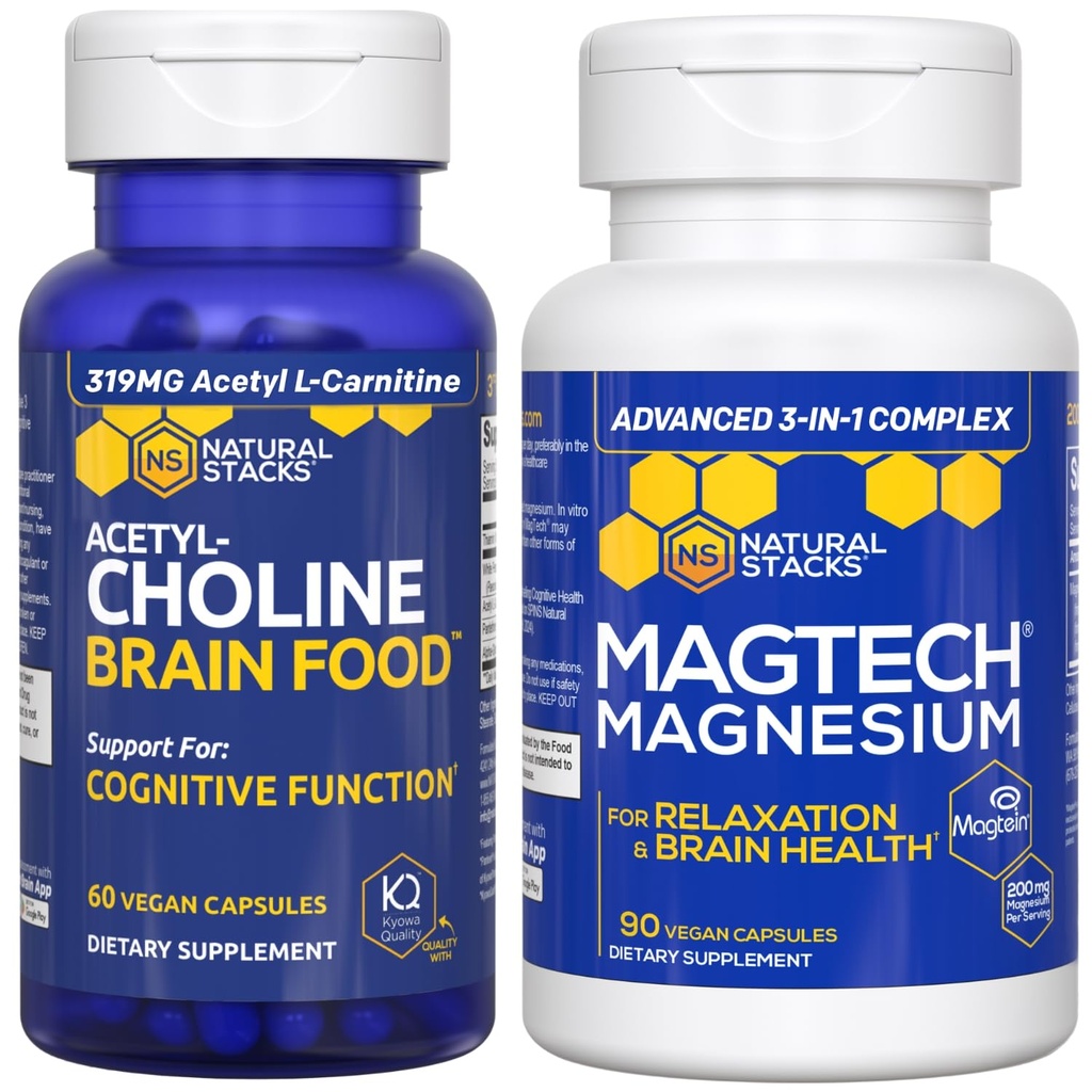 Natural Stacks Magtech Magnesium + Acetylcholin Brain Food Bundle - unterstützt Gehirngesundheit, Entspannung und kognitive Funktion* - 150 Gesamtkapseln