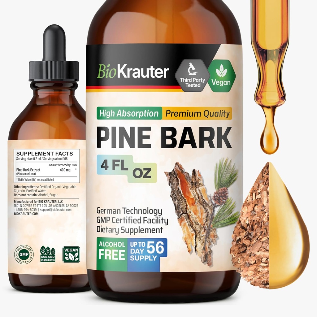 Estratto di corteccia di pino BIO KRAUTER - Ricco di Antiossidanti Supplemento liquido - 400 mg Gocce di Pino Marittimo Francese - Vegan, Alcol & Sugar Free - 4 Fl Oz