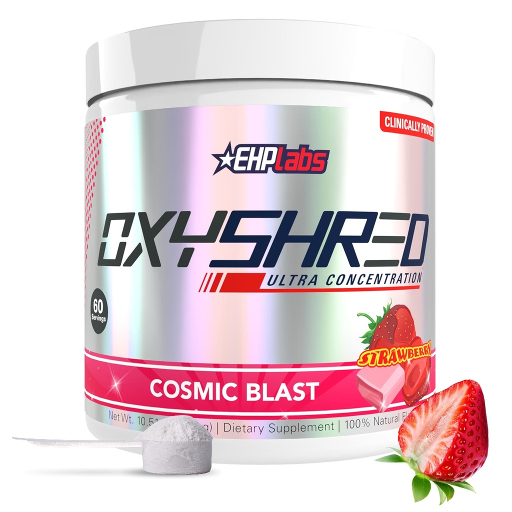 EHP Labs OxyShred Pre Workout Powder - Polvere pre-allenamento con L Glutamina e Acetil L Carnitina, Energy Boost Drink - Cosmic Blast, 60 Servings