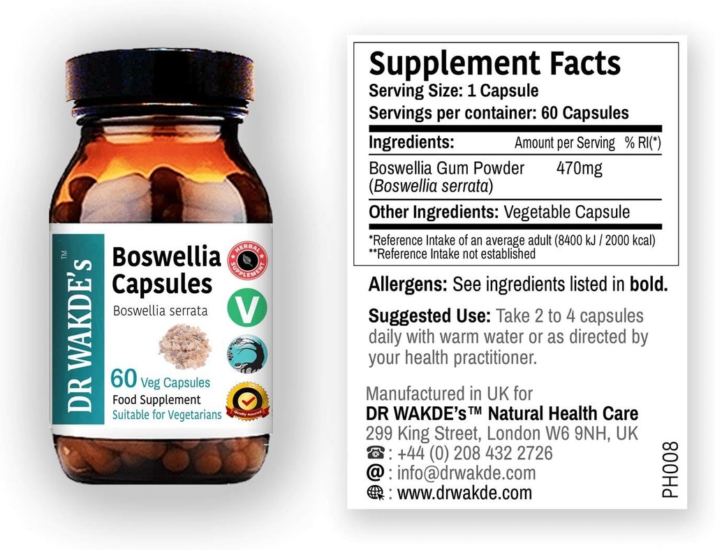 DR WAKDE'S Boswellia Capsule (Salai Guggul, Shallaki), 60 tappi di Veg, Integratore a base di piante, Tutto Naturale, Vegan