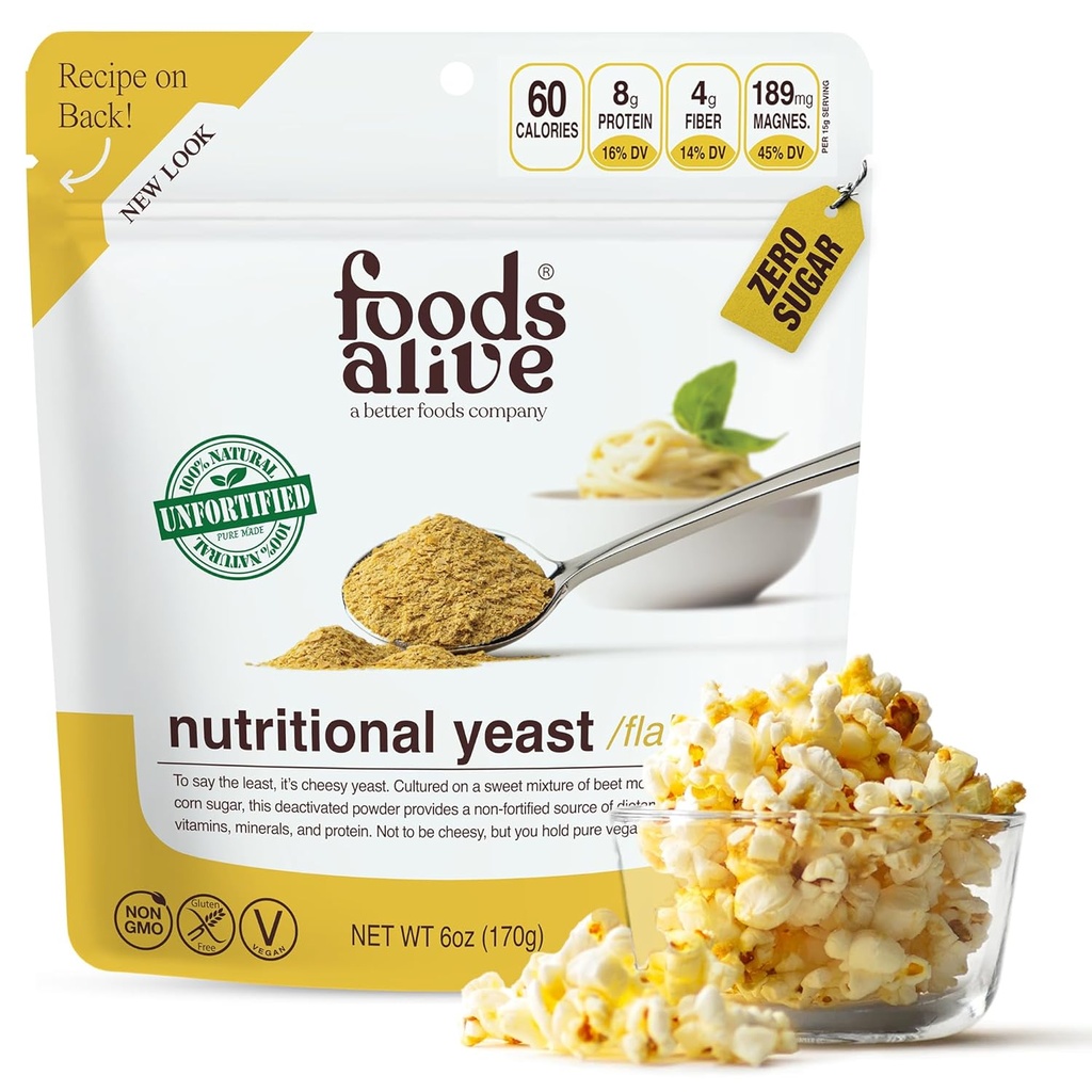 Nourritures Alive Non-Fortified Premium Flakes de levure alimentaire, 6 onces Assaisonnement de poudre de fromage végétalien non fortifié