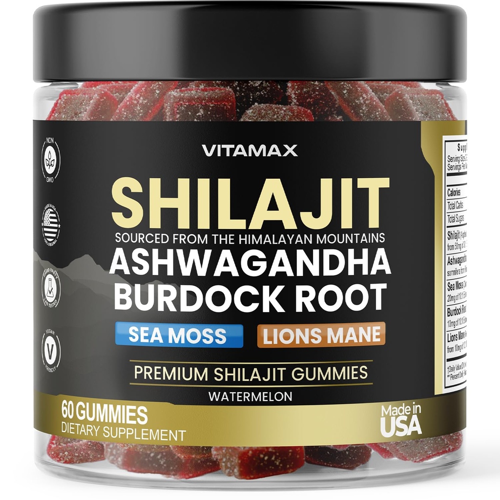 Gummées de chilajit biologique, mousse de mer, ashwagandha, 105+ Trace Minerals – Racine de dard biologique et lions Champignon de la Mane – Saveur de pastèque - Vegan & non-OGM – Fabriqué aux États-Unis – 60ct