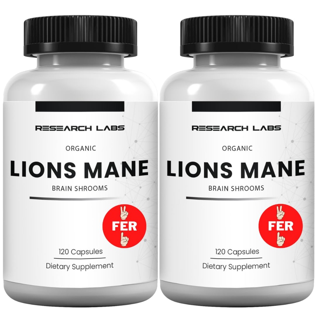 Laboratoires de recherche Organic Lions Mane Supplément Capsules, 2 Fer 1 Ad - 240 Capsules w/Patent LitropaneTM Immune System Booster Nootropic Cerveau Support Champignon Supplément. 10X Extrait comparable 18000mg