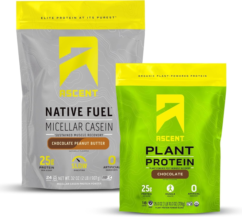 Ascent Casein Protein Pulver Schokolade Peanut Butter 2 lb & Pflanzenprotein Pulver Schokolade 18 Servierungen