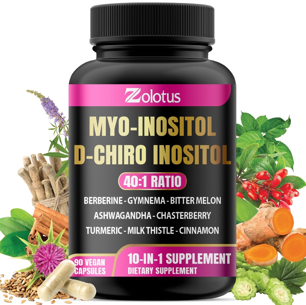 Zolotus Myo-Inositol & D-Chiro Inositol Ideale Ratio Inositol Ergänzung mit Bitter Melon, Milchdistel, Turmeric, Gymnema, Chasteberry, Ceylon Cinnamon, Ashwagandha, Berberine - 90 Kapseln