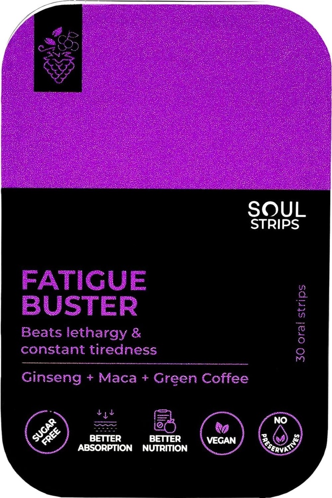 Soul Strips Fatigue Buster Ginseng, Maca, Green Coffee, Riduce Mental & Physical Fatigue, Mixed Berries Flavor, Quick Absorb, Daily Use, Zero Sugar, Vegan, 30 Strips Pack