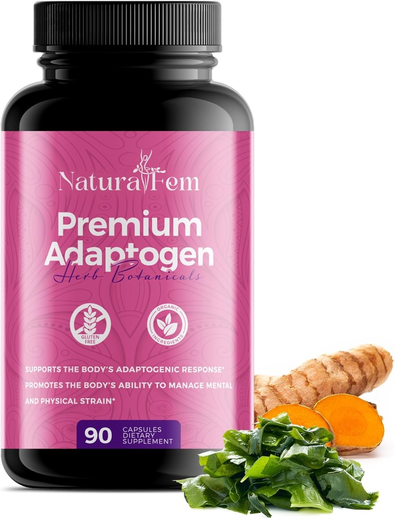 NaturalFem Premium Adaptogens Supplementi per le donne con erbe botaniche come l'estratto di Rhodiola Rosea, curcuma, radice di Maca per una migliore risposta adaptogenica, supplemento di supporto Focus & Mood - 90 capsule