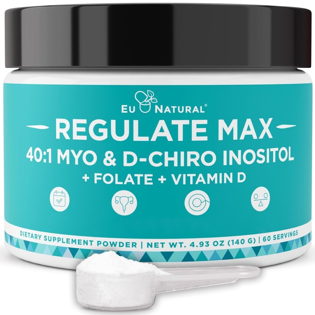 Regulate MAX Myo-Inositol & D-Chiro Inositol Ergänzung Pulver für Frauen mit Vitamin D & Folate PCOS Ernährungsunterstützung, Hormon Balance & Fertilität Unterstützung, Unflavored 60 Portionen