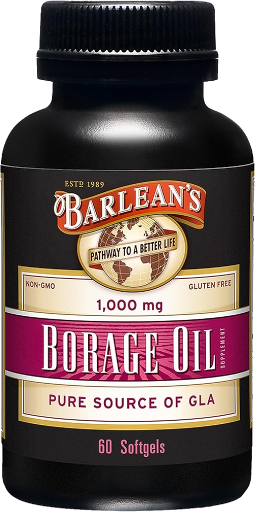 Integratori di olio di Borage di Barlean, Olio di Boraggio Puro Pressato a Freddo Integratore di Olio di Semi di Semi Softgels per Uomini e Donne, 1000 mg GLA acidi grassi, 60 Conte