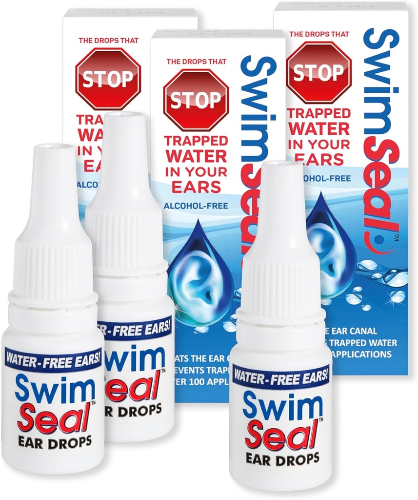 SwimSealTM Pro 3-Pack Toutes les gouttes d'oreille de Swimmer naturelles pour une utilisation quotidienne plutôt que des gouttes d'alcool ou des bouchons d'oreille. La solution pour vos oreilles pour tous les âges d'exposition à l'eau.