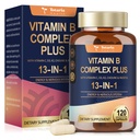Complexe 13-en-1 Vitamine B Plus avec vitamine B1, B2, B3 (Niacinamide), B4, B5, B6, B7 (Biotine), B8 (Inositol), B9 (Folate), B12, C, D3, K2 - Énergie, Nerve, Immune, Soutien de la peau - 120 Capsules de végétalien