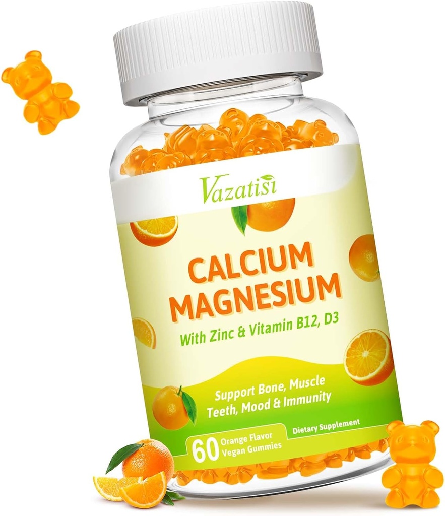 Calcium Magnesium Zink-Gummi mit Vitamin D3 und K2, hohe Absorption Magnesium-Glycinat-Kalium für Immun- und Kalm-Mood, Vegan Orange Flavor 60 Gummis