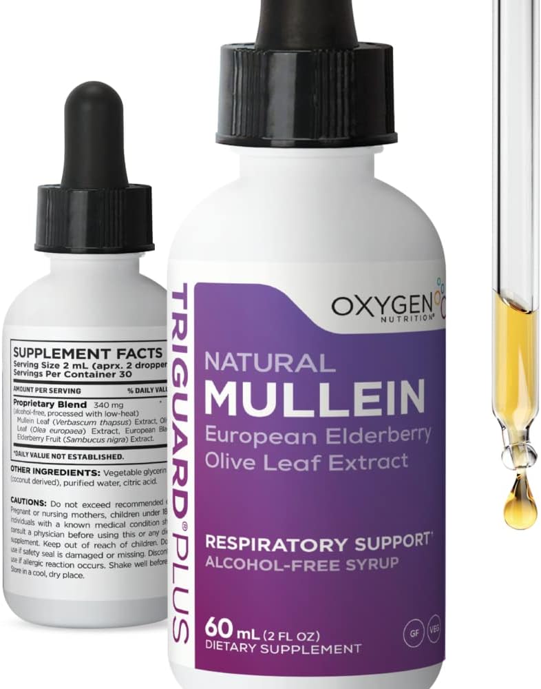 TriGuard MULLEIN Plus - Mullein Leaf Extract, Elderberry Extract & Olive Leaf Extract 2 fl oz | Unterstützt gesunde Atmungsaktivität & Immunsystem | Alkoholfrei, Non-GMO, Geschmacksrichtungen groß, Made in USA