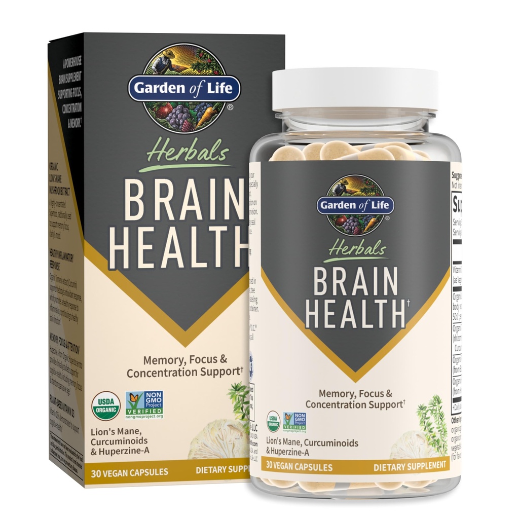 Garden of Life Brain Health Supplement mit Bio Lion's Mane & Turmeric, Non-GMO, Gluten-Free, Mint Flavor - für Memory, Focus & Healthy Brain Funktion