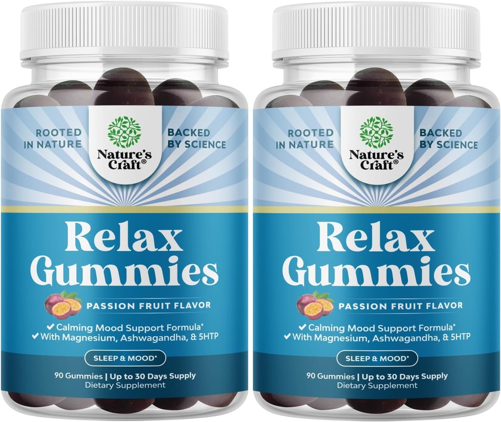 Calming Gummis für Erwachsene mit Ashwagandha und Magnesium - Relaxing Stress Gummis mit L Theanine 5HTP und Lemon Balm Extract - Adaptogenic Kamille Extrakt Vitamin B6 180 Count