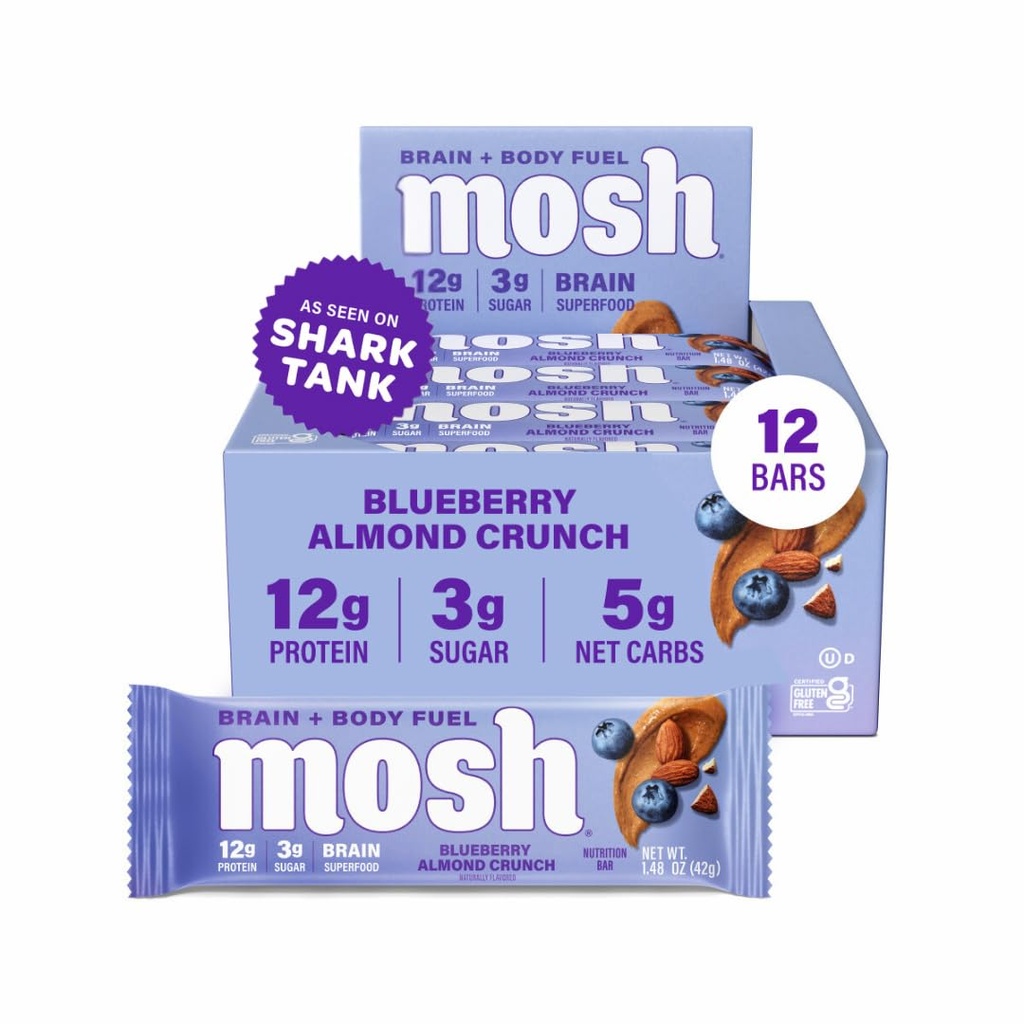 MOSH Blueberry Almond Crunch Keto Protein Bars, Alta fibra, Carburo basso, Senza glutine, Alta proteina, Spuntino sano del cervello, 12 Conte