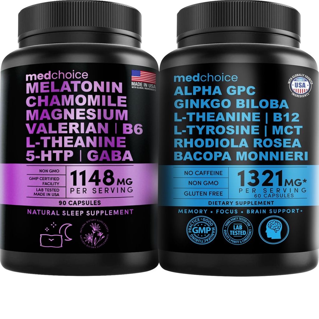 MEDCHOICE Sleep Melatonin (90ct) und Nootropic Brain (60ct) Supplement Bundle - Wellness Duo for Sleep, Brain, Focus, & Mood Support - Vegan, Non-GMO, Gluten-Free