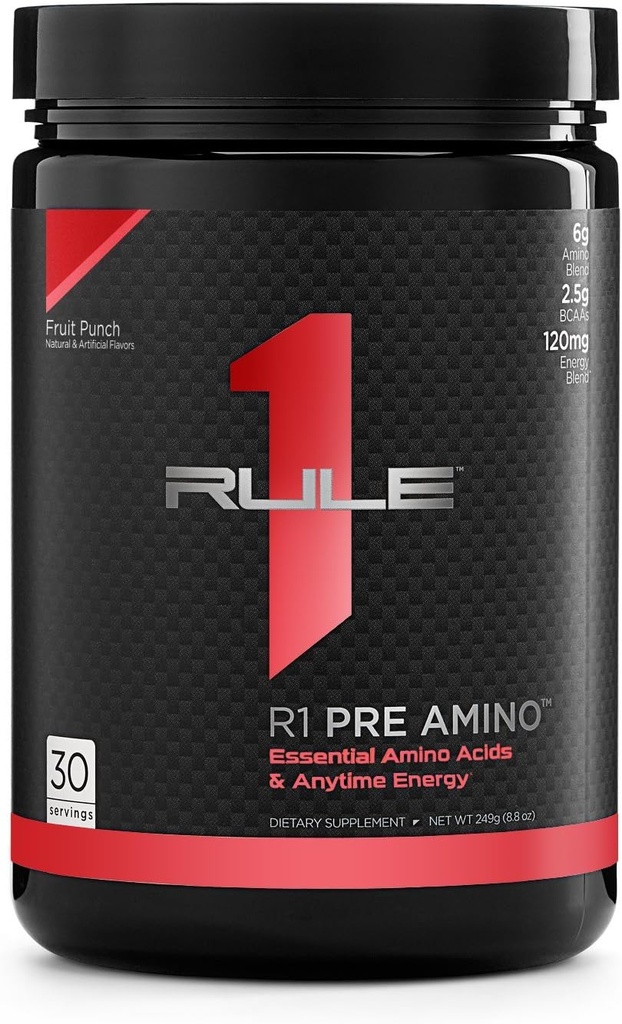 Regola 1 Proteine Pre Aminoacido Punch di frutta complesso, In qualsiasi momento Boost di energia, Caffeina da tè verde ed estratti di caffè, Endurance, Supporto di messa a fuoco, 30 Serve, 15 Oz