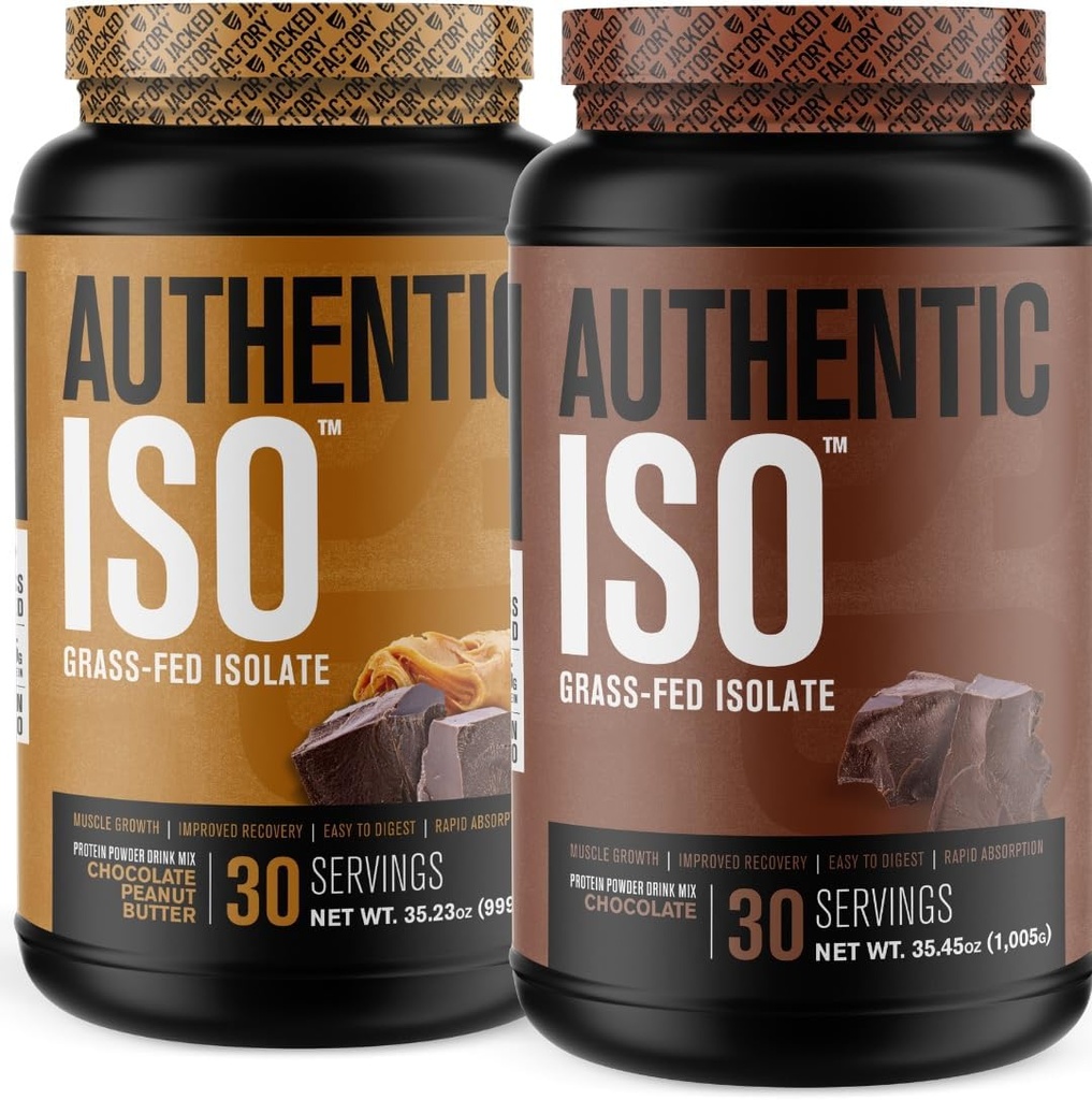 Fabbrica di Jacked Autentica ISO Grass Fed Whey Protein Isolate Powder - Basso Carb, Non OGM Muscle Building Protein w/No Fillers (Chocolate Peanut Butter, 30sv) & (Chocolate, 30sv)