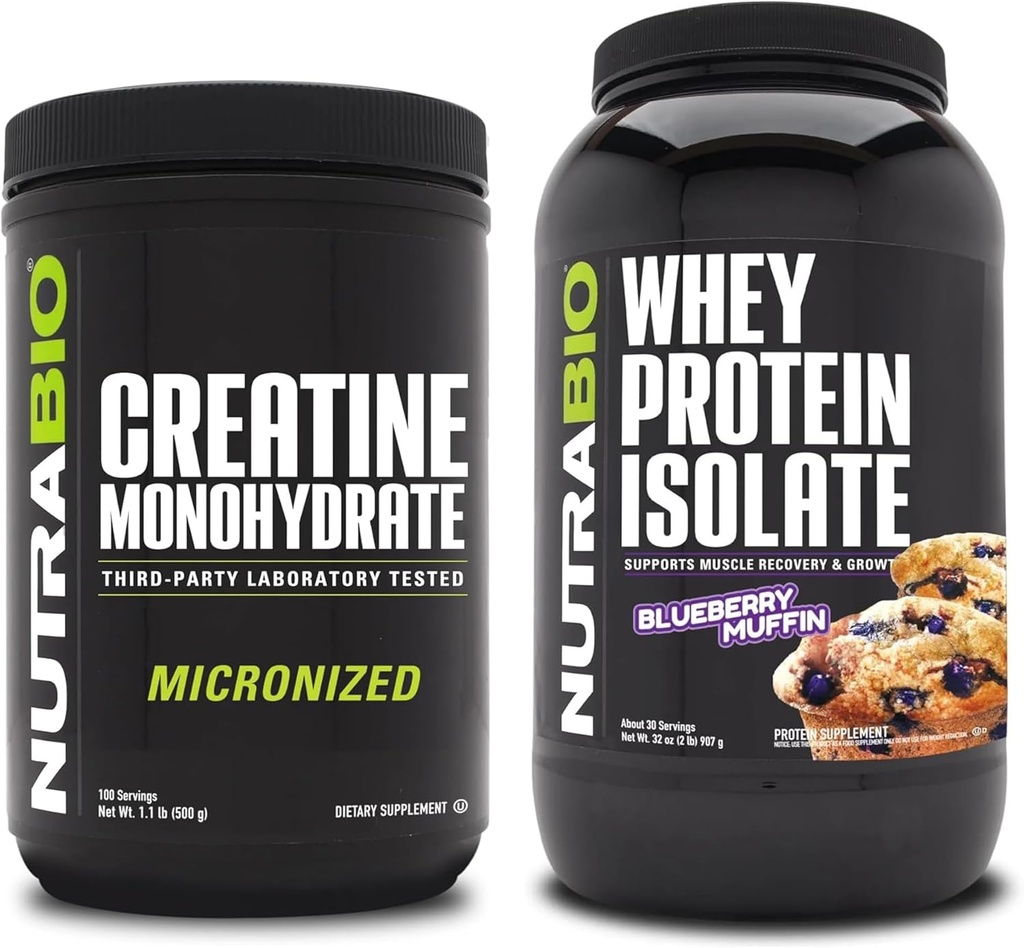 NutraBio Créatine monohydratée, non aromatisée, 500g et Isolate de protéines de lactosérum, Muffin de la myrtille, supplément - énergie musculaire, croissance musculaire maigre, récupération et force