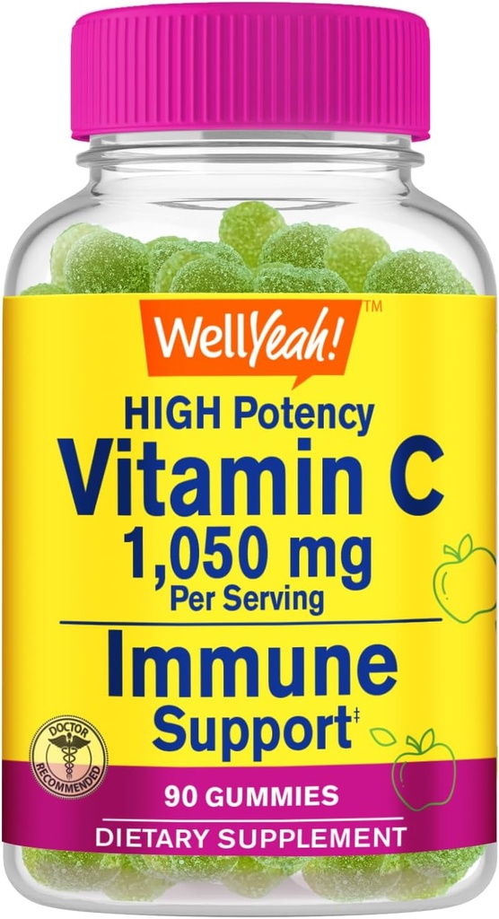 WellYes Vitamin C 1050 mg Gummies - Natural Sourced Flavors - Integratore alimentare Immune, Supporto antiossidante - Gomma vegetariana ad alta resistenza, Non OGM, Gluten Free - 30 Serve