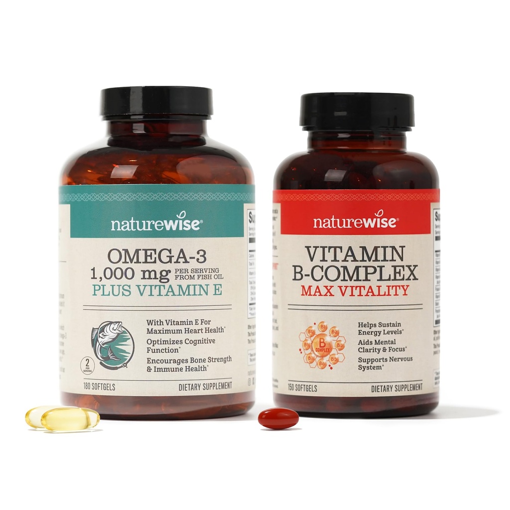 NatureWise 1000mg Omega 3 600mg EPA 400mg DHA mit Vitamin E 180ct & Vitamin B Complex für Frauen und Männer 150 Softgels[5-Month Supply]