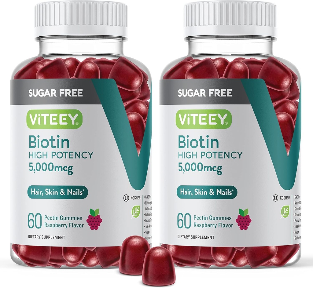 VITEEY Gommies de biotine pour cheveux, peau et ongles 5 000mcg - sans sucre - Gommies de croissance des cheveux, peau saine Glow, forte croissance saine des ongles - végétalien, sans gluten, sans gélatine, sans framboises à croquer