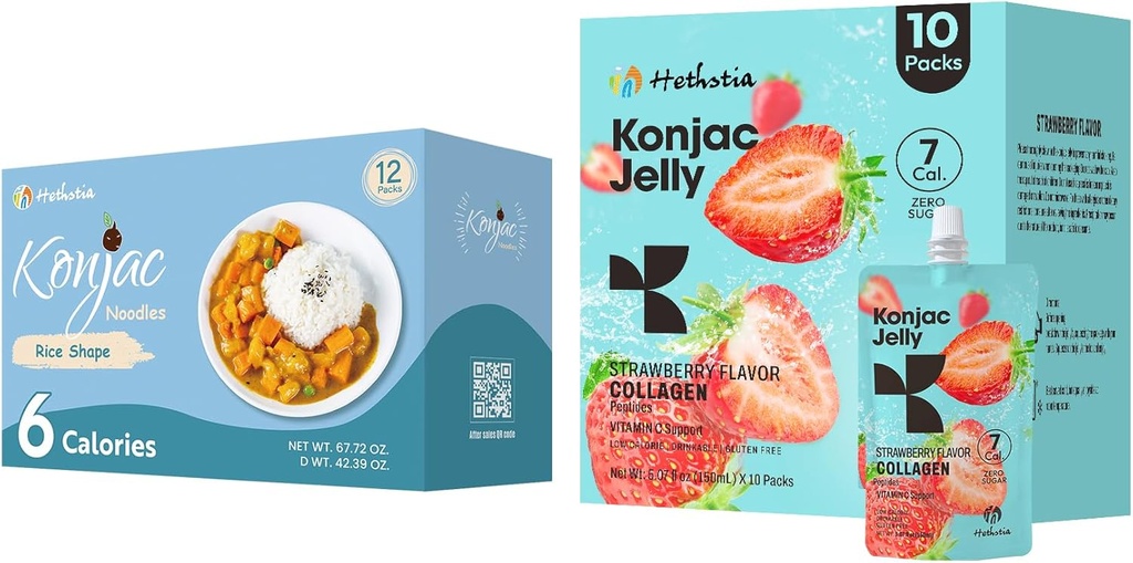 Hethstia Konjac Jelly Strawberry Flavor with Collagen Peptides 10 Packs and Konjac Rice Gluten Free 12 Packs Low Calorie, Keto, Sugar Free, Healthy Food