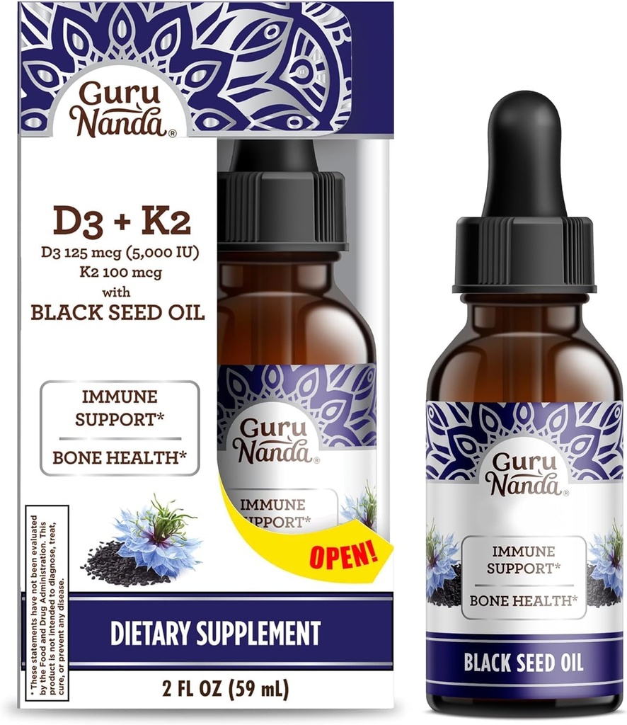 GuruNanda Wellness Bundle: Liquid Ashwagandha mit Bacopa (1 Fl Oz) für Fokus & Entspannungsunterstützung & Schwarzes Seedöl (2 Fl Oz) mit Vitamin D3, K2 & E für Immune Boosting - Vegan & Non-GMO