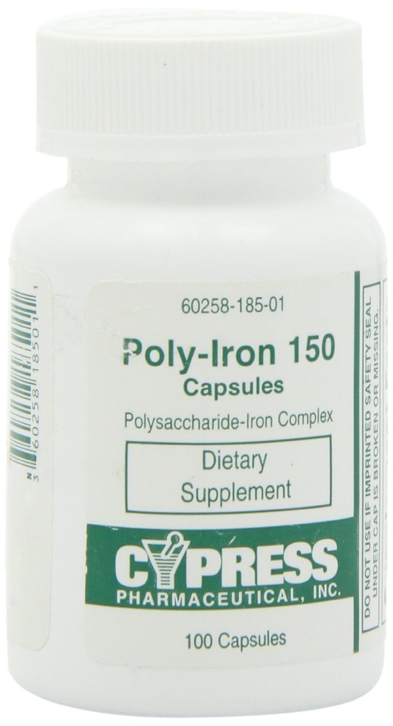Dietary Supplement - Poly Iron Capsules 150 mg (100 caps per bottle) by Cypress Pharmaceutical #185-01 (2 Bottles of 100 Caps)