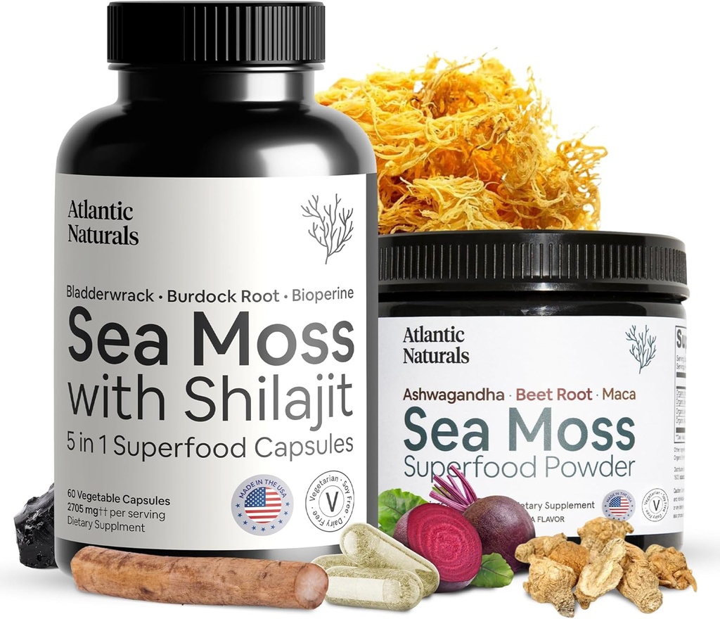 Atlantic Naturals Sea Moss Superfood Bundle - Sea Moss mit Shilajit 5-in-1 Kapseln & Sea Moss Pulver mit Ashwagandha, Beet Root & Maca Root - Enhanced Vitality, Skin & Athletic Support 60 ct & 150g