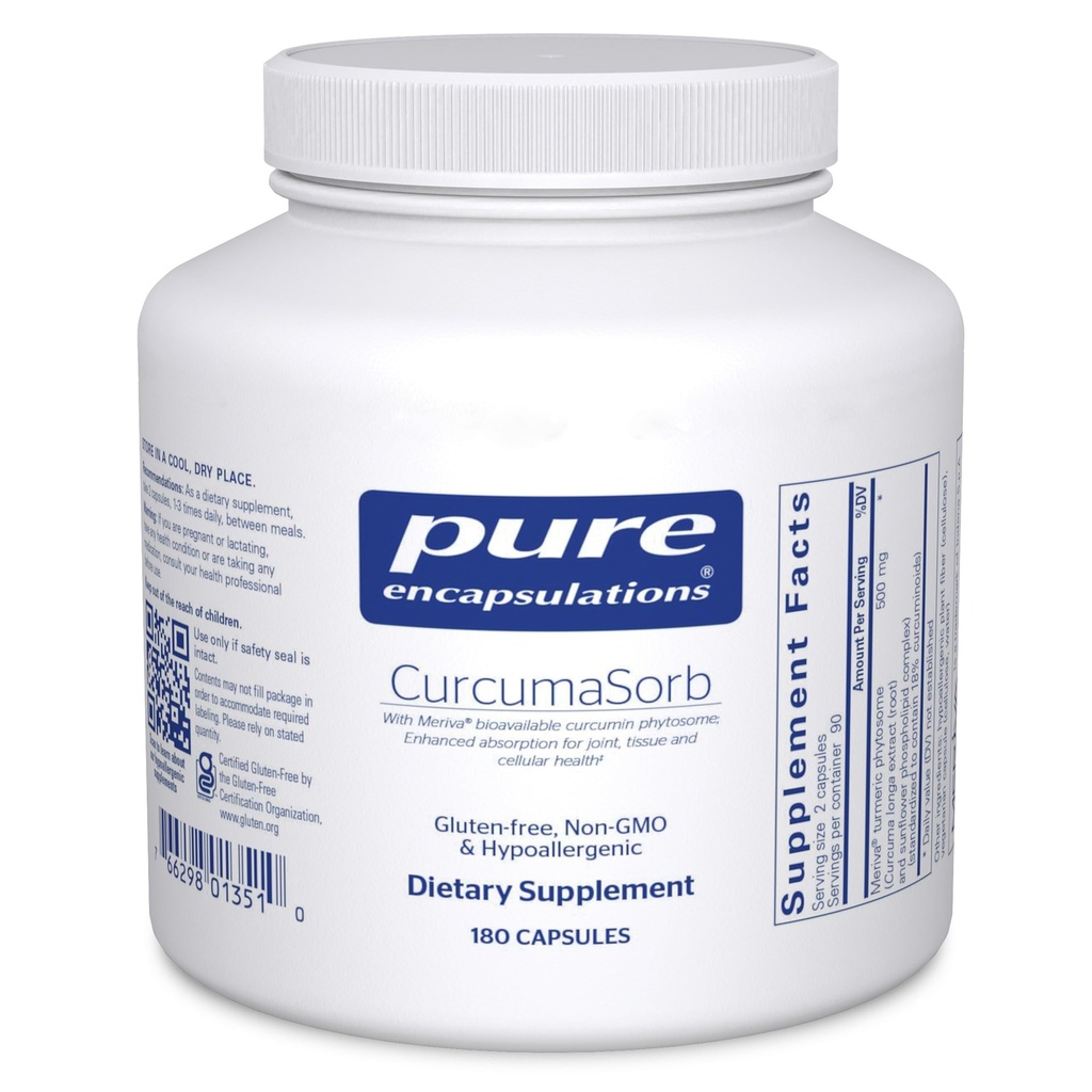 Encapsulations pures CurcumaSorb 180's - Meriva Curcumin Phytosome - Soutient la santé articulaire* - Sans gluten et sans OGM - 180 capsules