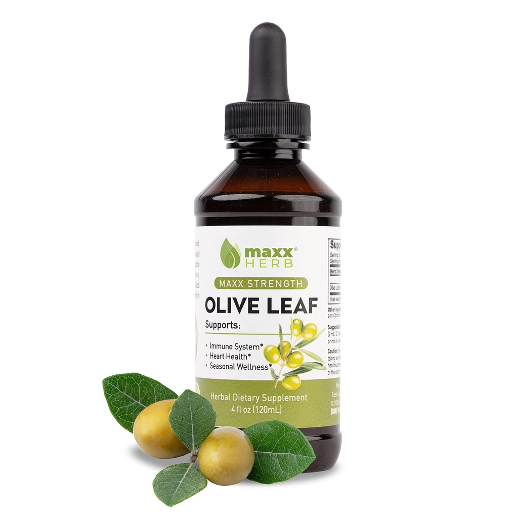 Estratto di foglie di ulivo Maxx Herb – Assorbenti liquidi Oleuropei Max Strength Meglio di capsule o tè, per il supporto immunitario, la salute del cuore e il benessere stagionale - Bottiglia da 4 Oz (60 Serve)