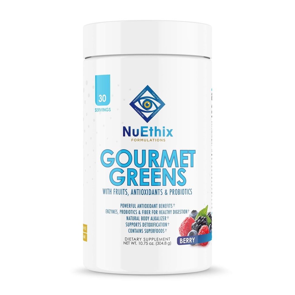 NuEthix Formulations Gourmet Greens Bere Polvere Integratore alimentare con Frutta e Verdura Superfoods e Probiotici, Berry, 30 Serve