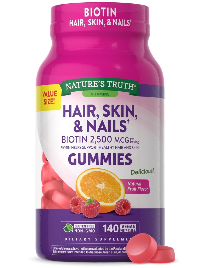 Nature's Truth Hair, Skin, and Nails Gummies | with Biotin | 140 Count | Fruit Flavor | Vegan, Non-GMO und Gluten Kostenloses Vitamin für Männer und Frauen