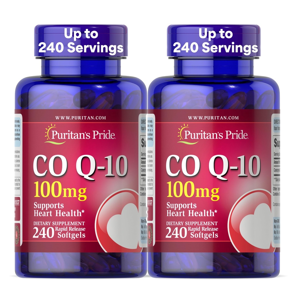 Puritan's Pride Coenzyme CoQ10 100mg, integratore alimentare per la salute del cuore, la pressione sanguigna, la salute della gomma orale e il supporto di invecchiamento sano, 240 Softgel a rilascio rapido, 2-Pack