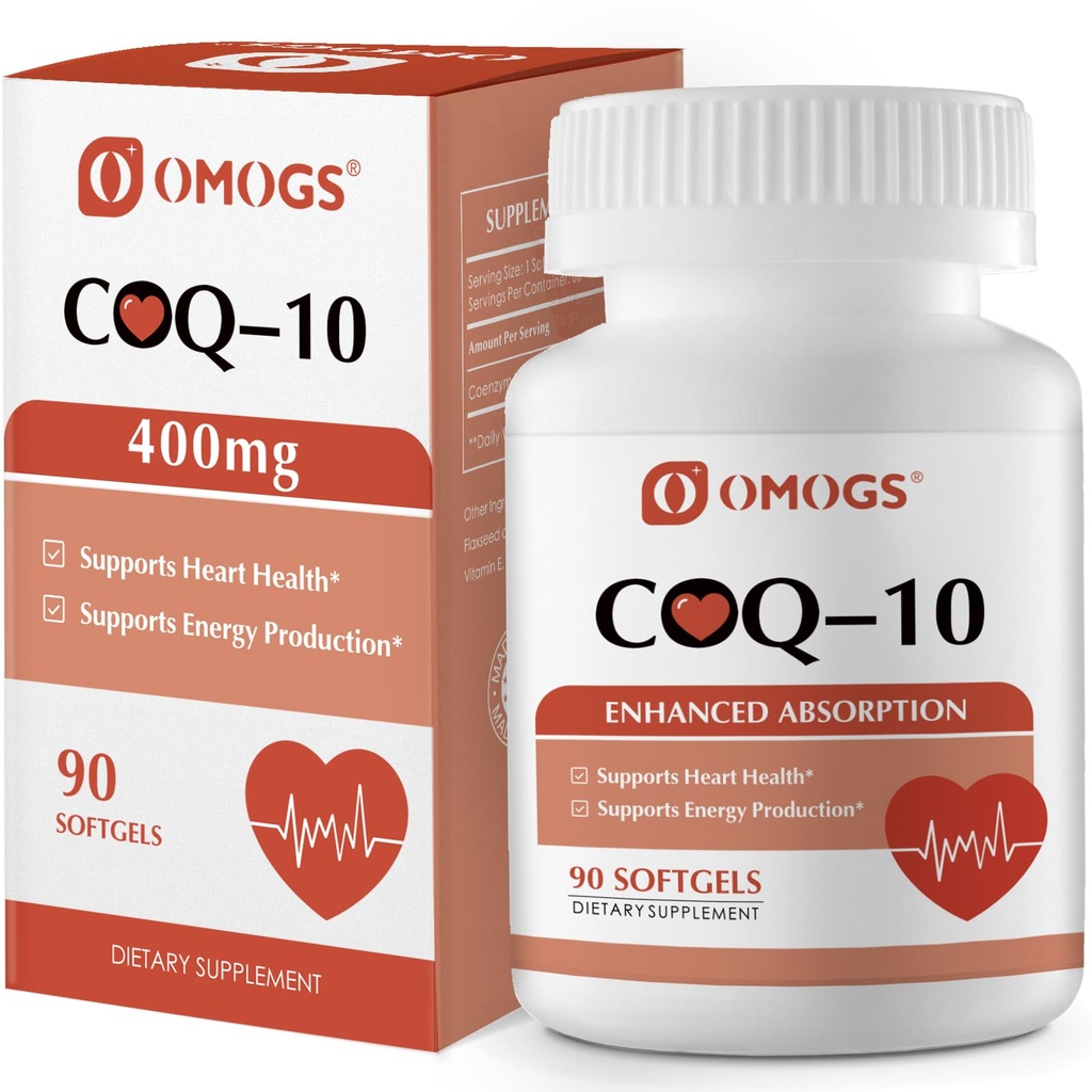 OMOGS CoQ10 400mg Softgels, Coenzym Q10 Hohe Absorptionsergänzungsmittel unterstützen Herzgesundheit, Herz-Kreislauf-Gesundheit, Immunsystem & Zelluläre Energieproduktion, Glutenfrei, 90 Softgels