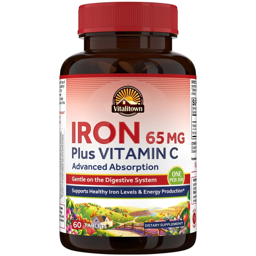 Supplément de fer Vitalitown pour les femmes hommes, Hign Potency 65mg Fer avec vitamine C 250mg, moins constipant, mieux pour la construction de sang et l'amélioration énergétique, pas de gluten, non-OGM 60 pilules de fer végétalien