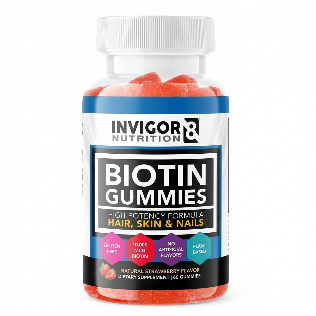INVIGOR8 Biotin Gummi 10000mcg | Haarhaut Nägel Vitamine Biotin Ergänzung für Frauen Männer & Kinder 5000mcg x2 | Vegan Kosher Halal | Erdbeeren Flavor | 60