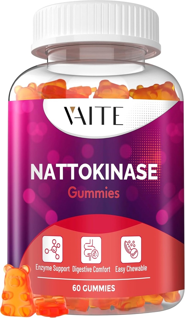 VAITE Nattokinase Supplement 2000 FU (Fibrinolytic Units) 100mg - Enzyme Supplement, Vegan Formula, Unterstützt Gesundheit, Doppelfestigkeit, Non-GMO, Soy Free, Glutenfrei, 60 Vegetarische Gummis